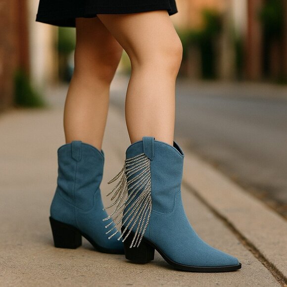 Azalea Wang TooCute Denim Rhinestone Fringed Mid Calf Cowboy Boots Size 7 NEW - Picture 1 of 12
